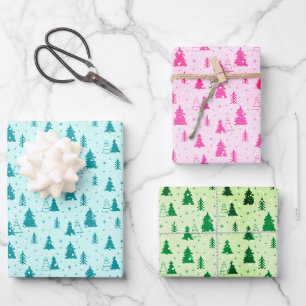 Weihnachtsbaum Pastel Baby Blue Pink Green elegant Geschenkpapier Set