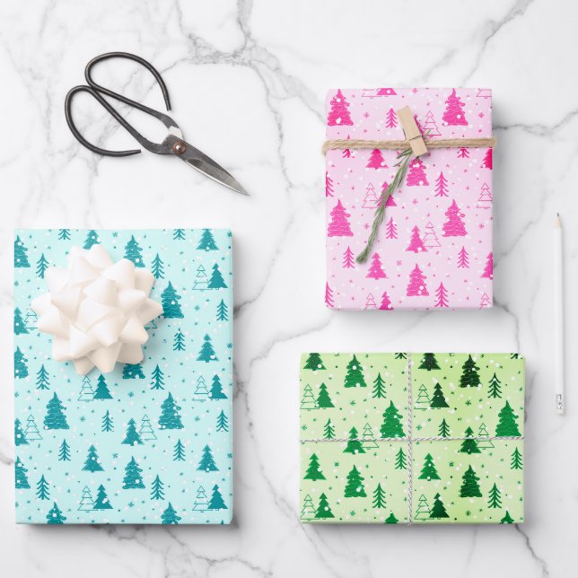 Weihnachtsbaum Pastel Baby Blue Pink Green elegant Geschenkpapier Set (Vorderseite)