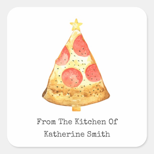 Weihnachtsbaum Pepperoni Pizza aus der Küche Quadratischer Aufkleber (Vorderseite)