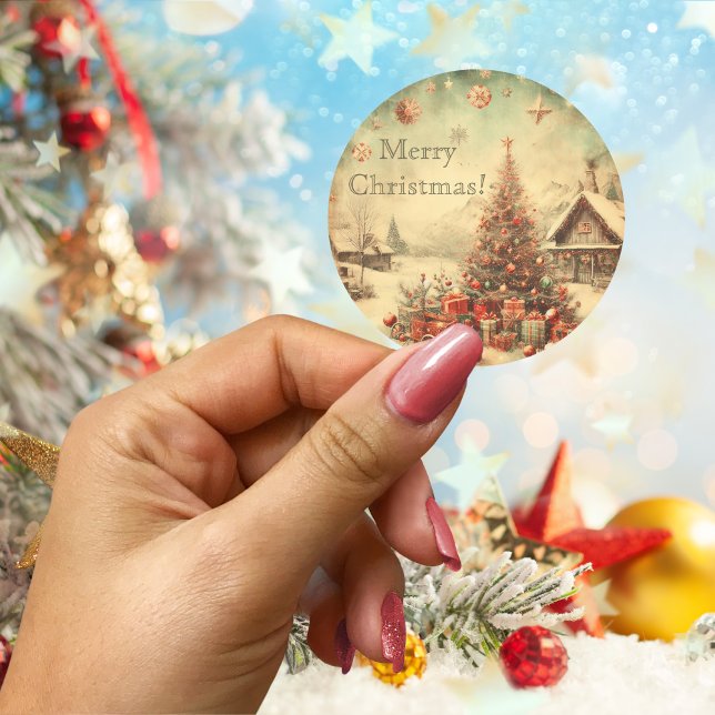 Weihnachtsbaum personalisiert runder aufkleber (Vintage Christmas tree personalized Classic Round Sticker)