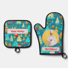 Weihnachtsbaum Personalisiertes Foto und Namensges Ofenhandschuh & Topflappen-Set
