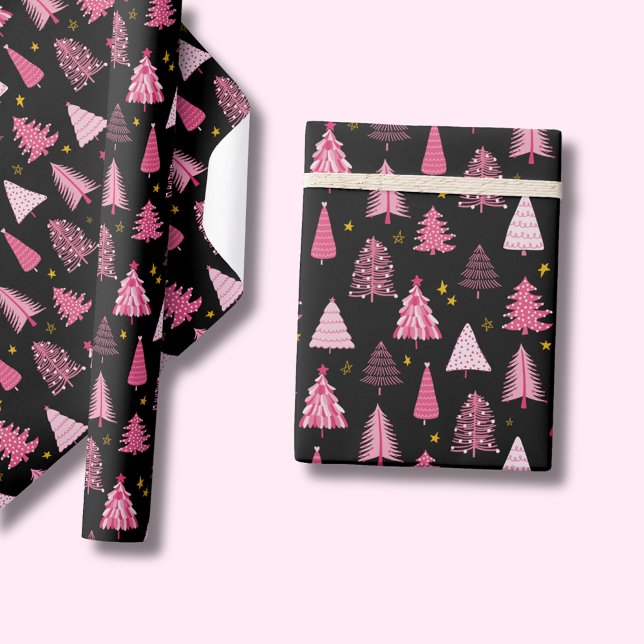 Weihnachtsbaum Pink Black Geschenkpapier (Pink Christmas tree on black, wrapping paper rolls. Other colors & matching products available.)