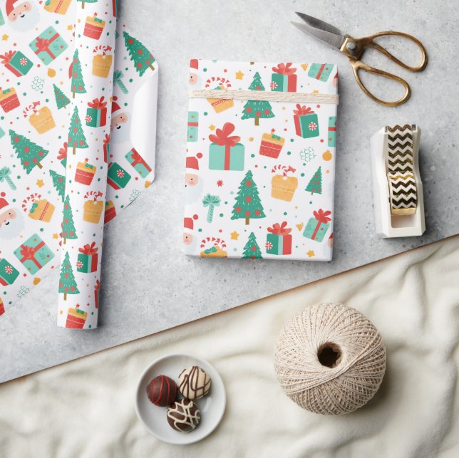 Weihnachtsbaum präsentiert farbenfrohe Muster Xmas Geschenkpapier (Kunsthandwerk)