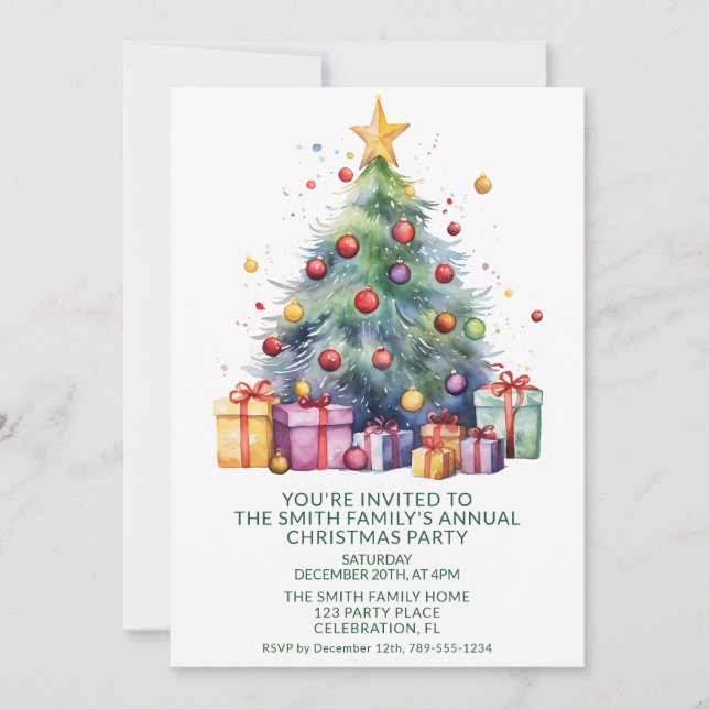 Weihnachtsbaum präsentiert grünes Party Einladung (Vorderseite)