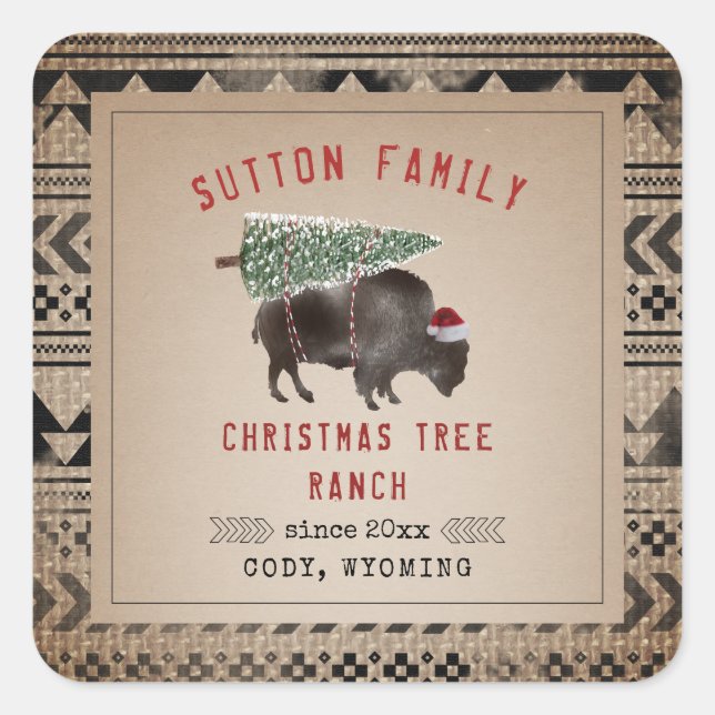 Weihnachtsbaum Ranch Santa Bison Burlap Quadratischer Aufkleber (Vorderseite)