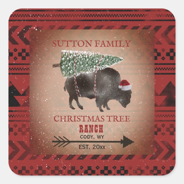 Weihnachtsbaum Ranch Santa Bison Geometrisches Mus Quadratischer Aufkleber (Vorderseite)