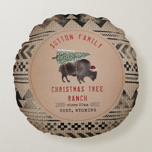 Weihnachtsbaum Ranch Santa Buffalo Burlap Rundes Kissen (Vorderseite)