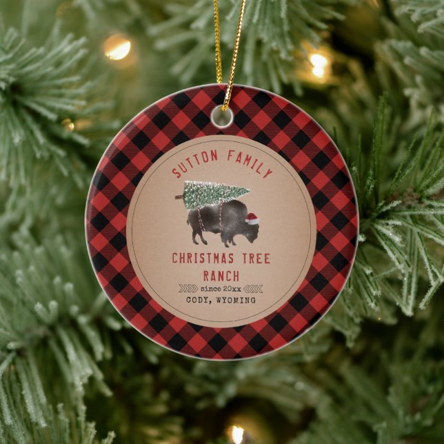 Weihnachtsbaum Ranch Santa Buffalo Rustikal Karier Keramik Ornament (Baum)
