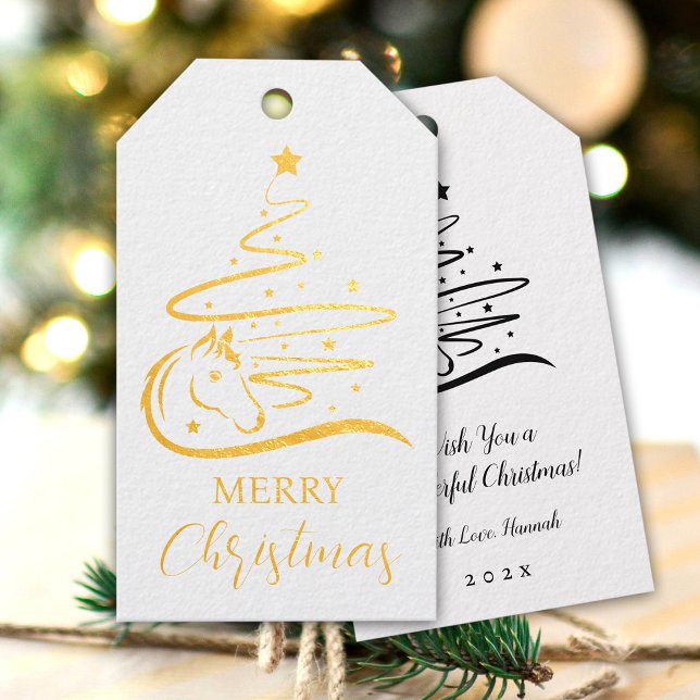 Weihnachtsbaum reale Goldfolie Reittiere Geschenkanhänger (Real gold foil horse Christmas tree gift tags with personalized text on both sides)