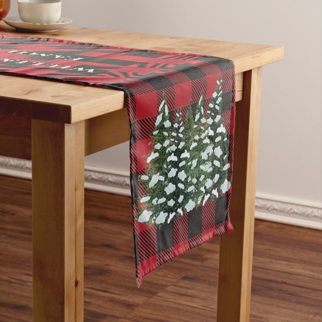 Weihnachtsbaum Red Black Kariert Family Monogramm Kurzer Tischläufer (Beispiel)