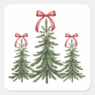 Weihnachtsbaum Red Bow Retro Frohe Weihnachten Wei Quadratischer Aufkleber