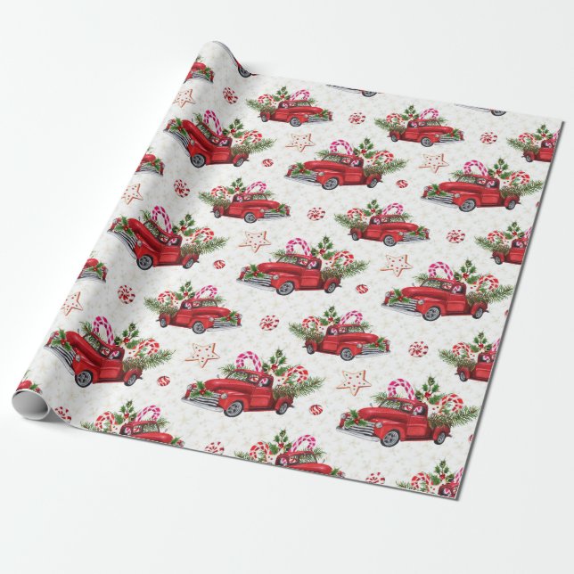 Weihnachtsbaum Red Car Wasserfarbener Urlaub Geschenkpapier (Ungerollt)