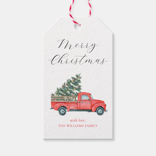 Weihnachtsbaum & Red Truck Frohe Weihnachten Geschenkanhänger (Vorderseite)