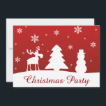 Weihnachtsbaum Reindeer Snowman Einladung<br><div class="desc">Moderne,  schlichte Weihnachtsbilder mit weißen Silhouetten von Rentieren,  Baum,  Schneemann und Schneeflocken mit fröhlichen Weihnachtsgrüßen auf rotem Hintergrund.</div>
