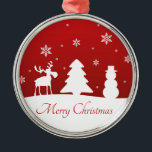 Weihnachtsbaum Reindeer Snowman Silbernes Ornament<br><div class="desc">Moderne,  schlichte Weihnachtsbilder mit weißen Silhouetten von Rentieren,  Baum,  Schneemann und Schneeflocken mit fröhlichen Weihnachtsgrüßen auf rotem Hintergrund.</div>
