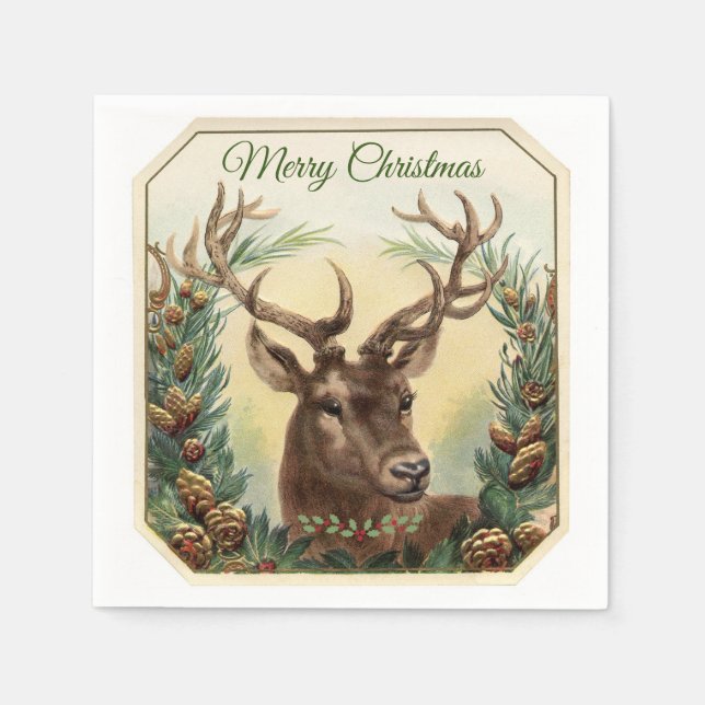 Weihnachtsbaum Rentier Holly Pine Cones Rustic Serviette (Vorderseite)