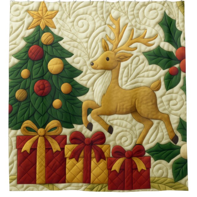 Weihnachtsbaum Rentiergeschenke gequiltet aussehen Duschvorhang (Vorderseite)