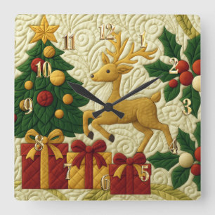 Weihnachtsbaum Rentiergeschenke gequiltet aussehen Quadratische Wanduhr