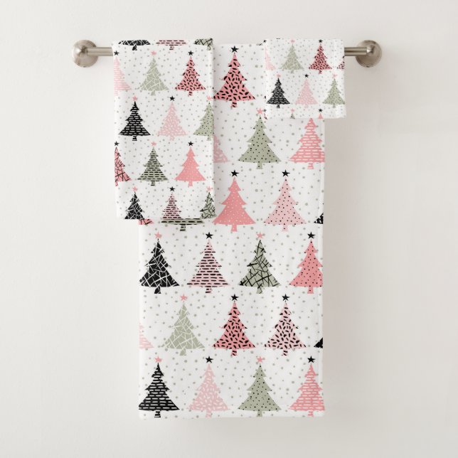 Weihnachtsbaum Rosa & Grün mit weißem Hintergrund Badhandtuch Set (Insitu)
