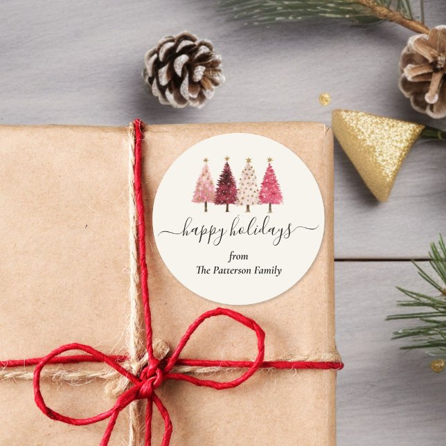 Weihnachtsbaum Rosa Rosa Blush Beige Custom Runder Aufkleber (Christmas Tree Red Pink Blush Beige Custom Classic Round Sticker)