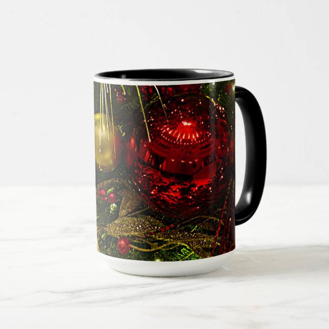 Weihnachtsbaum Rot & Gold Weihnachtsschmuck Tasse (VorderseiteRechts)