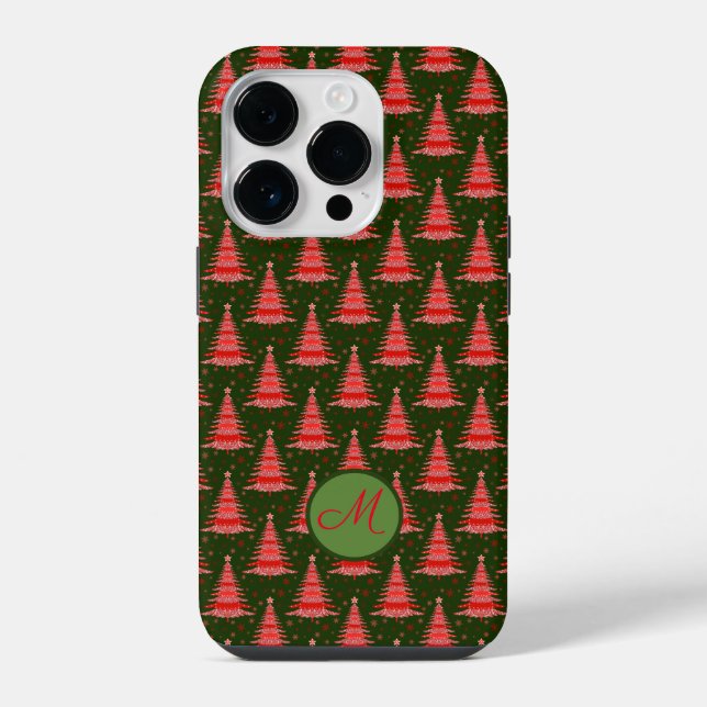 Weihnachtsbaum Rot Grüner Muster mit Monogramm iPhone 14 Pro Hülle (Rückseite)