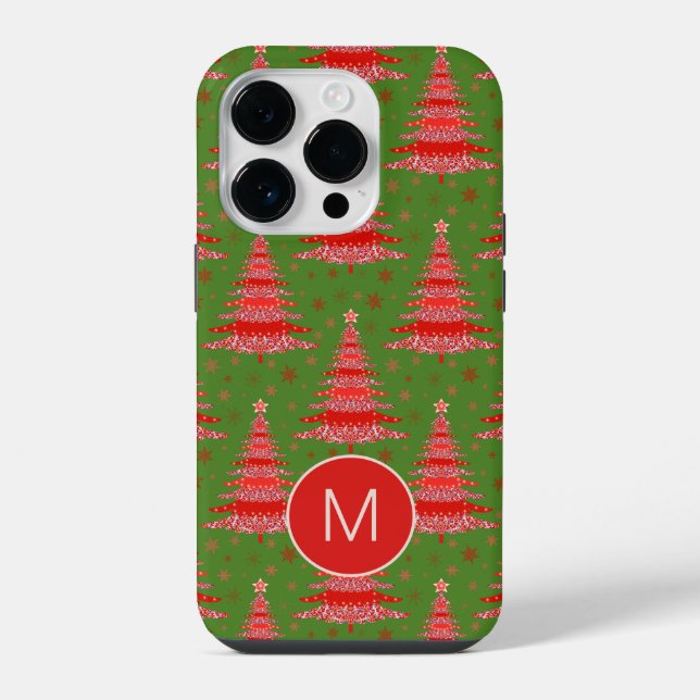 Weihnachtsbaum Rot Grüner Muster-Monogramm iPhone 14 Pro Hülle (Rückseite)