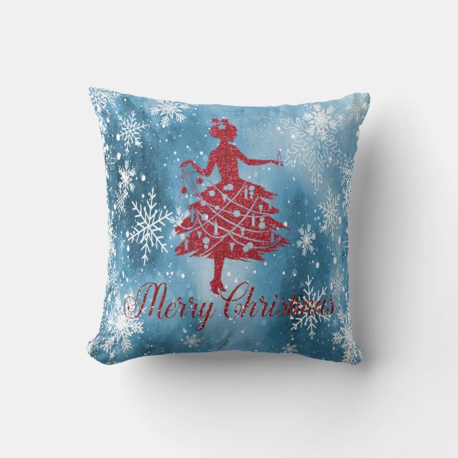 Weihnachtsbaum Roter Glitzer Girl, Schneeflocken B Kissen (Vorderseite)