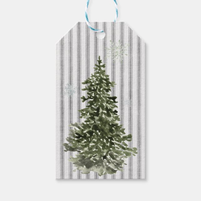 Weihnachtsbaum Rustikaler Vintager Ticking Strip Geschenkanhänger (Vorderseite)