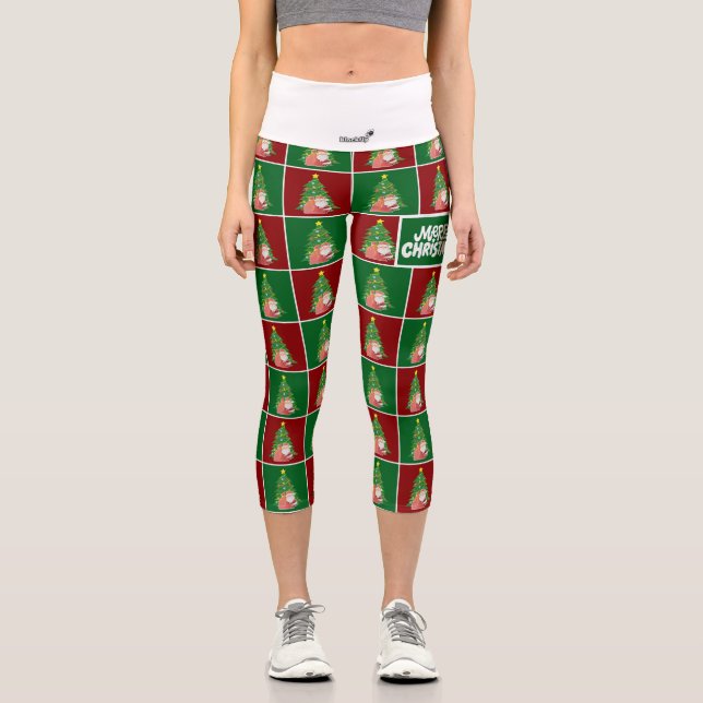 Weihnachtsbaum | Santa | anpassbar | Schwarze Flie Capri Leggings (Vorderseite)