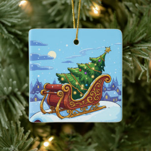 "Weihnachtsbaum-Schlitten Winter-Schnee-Szene Urla Keramikornament