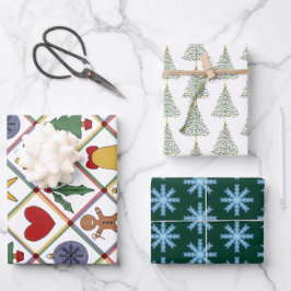 Weihnachtsbaum, Schneeflocke und festliche Symbole Geschenkpapier Set