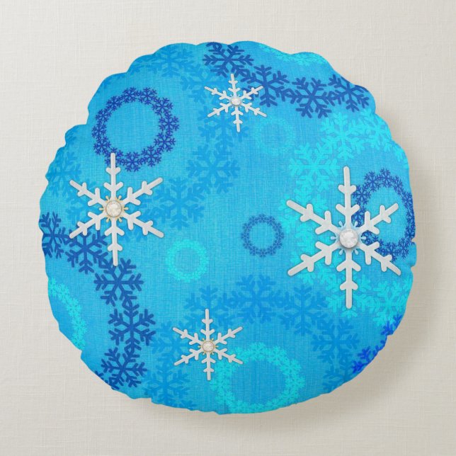 Weihnachtsbaum & Schneeflocken Rundes Kissen (Vorderseite)