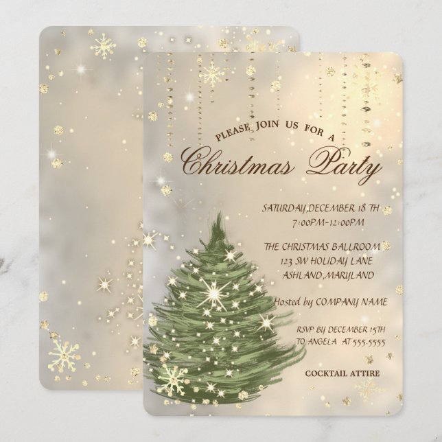 Weihnachtsbaum, Schneeflocken Weihnachts-Party Einladung (Vorne/Hinten)