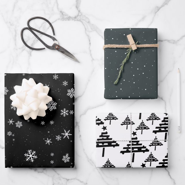 Weihnachtsbaum, Schneeflocken Weihnachtsfeiertage Geschenkpapier Set (Vorderseite)