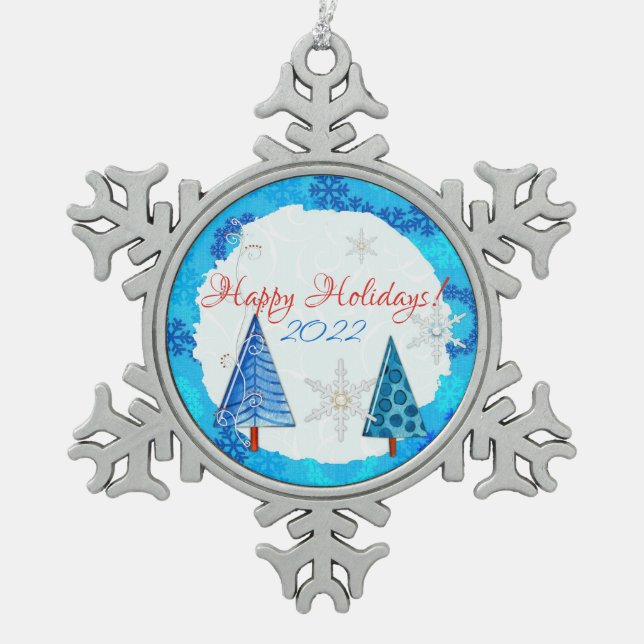 Weihnachtsbaum & Schneeflocken Zinn-Ornament (Vorderseite)
