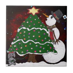 Weihnachtsbaum Schneemann Überraschung Kunst Druck Fliese