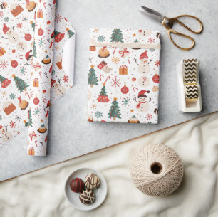 Weihnachtsbaum, Schneemann und Geschenke Weiße Wei Geschenkpapier