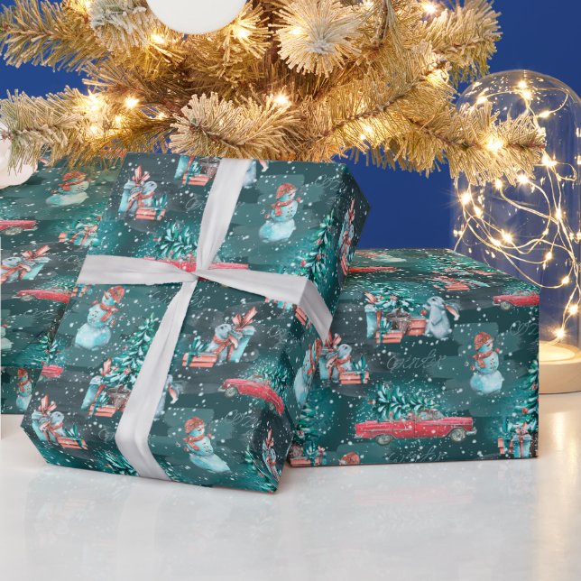 Weihnachtsbaum, Schneemänner und Bunnies Wrapping  Geschenkpapier (Feiertage)