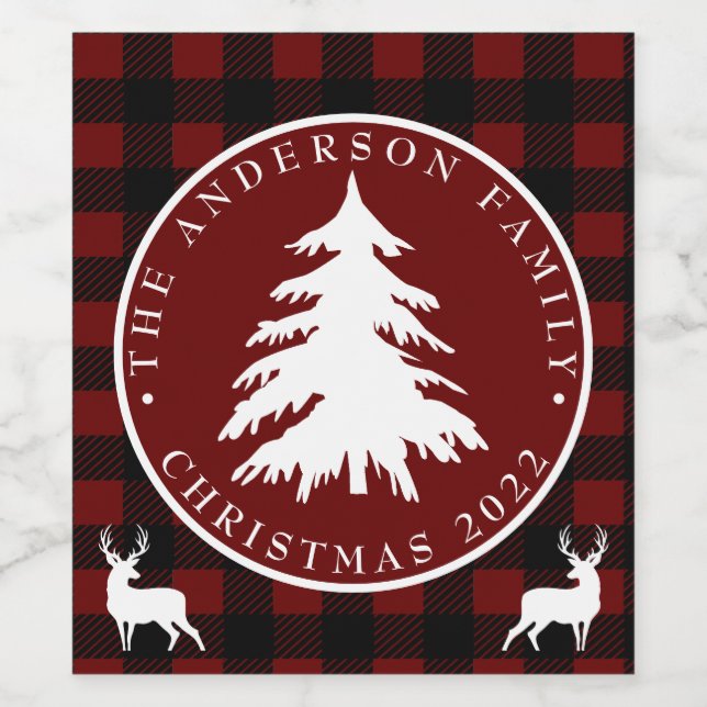 Weihnachtsbaum Schwarz & Rot Kariert Personalisier Weinetikett (Einzelnes Label)