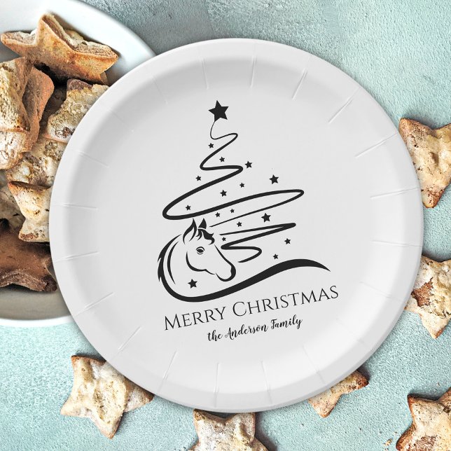 Weihnachtsbaum schwarz-weiß Reittiere Pappteller (Horse Christmas tree paper plates, horse lover Christmas table decor, personalized)
