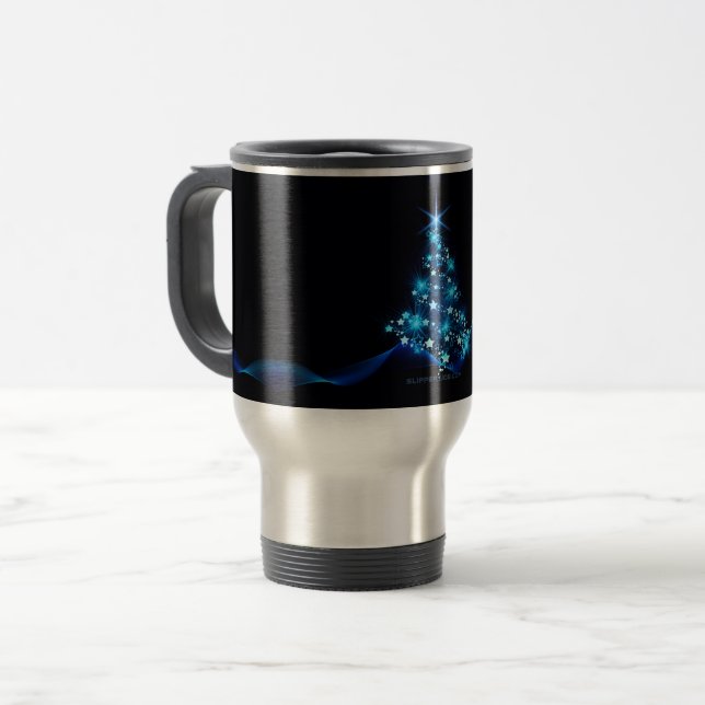 Weihnachtsbaum SlipperyJoe strahlt blau s Reisebecher (Vorderseite Links)