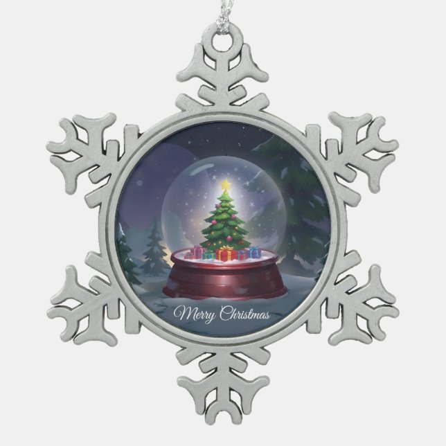 Weihnachtsbaum Snow Globe Schneeflocken Zinn-Ornament (Vorderseite)