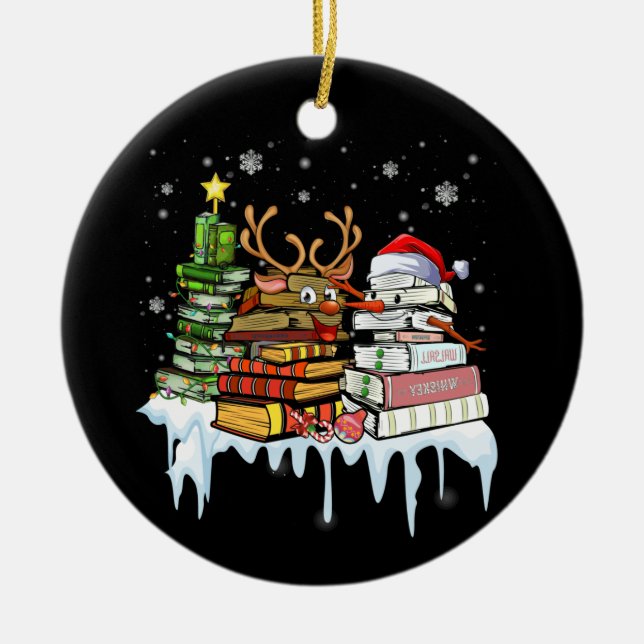 Weihnachtsbaum Snowman Reindeer Buch Bibliothekar Keramik Ornament (Vorne)