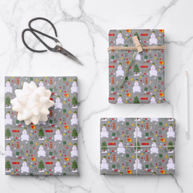 Weihnachtsbaum Snowman Schlitten Geschenke Glocken Geschenkpapier Set (Vorderseite)