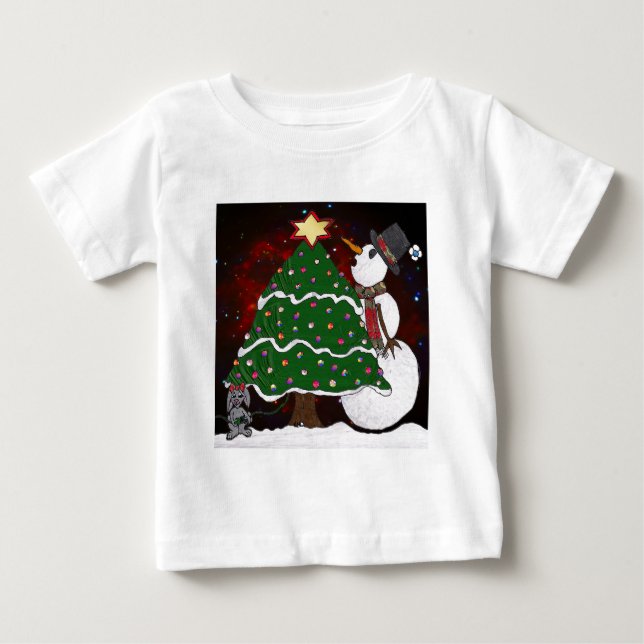 Weihnachtsbaum Snowman Überraschung Kunst drucken Baby T-shirt (Vorderseite)