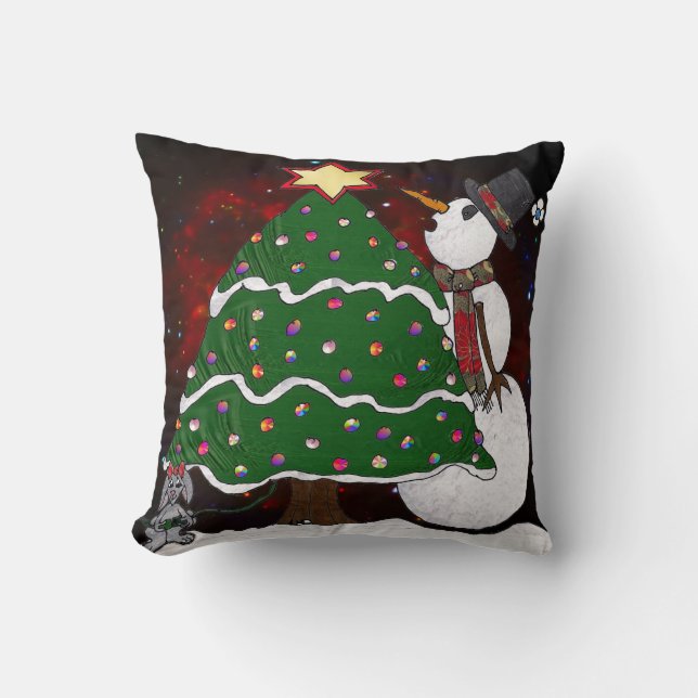 Weihnachtsbaum Snowman Überraschung Kunst drucken Kissen (Vorderseite)