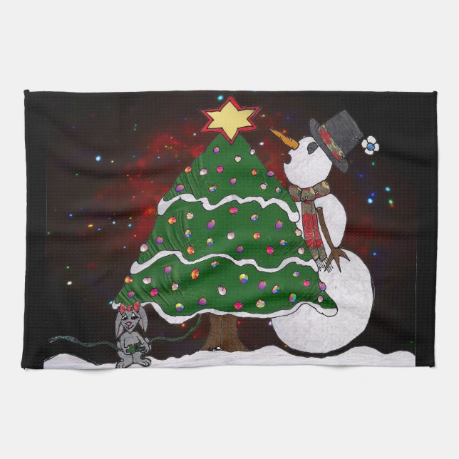 Weihnachtsbaum Snowman Überraschung Kunst drucken Küchentuch (Horizontal)