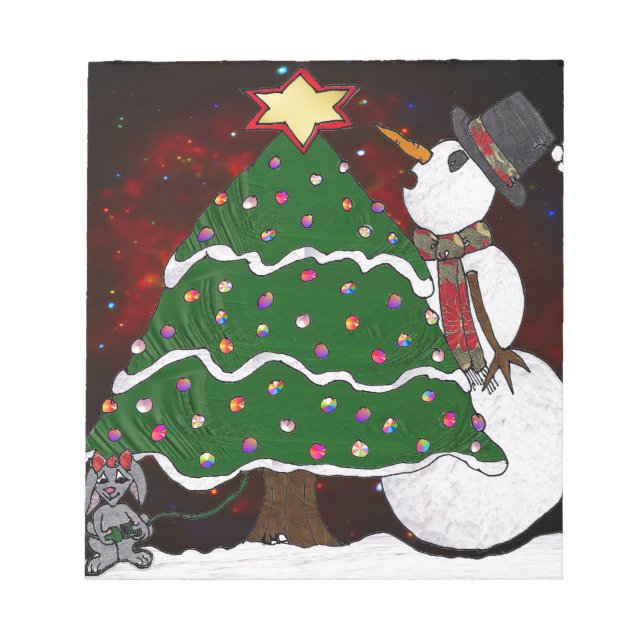 Weihnachtsbaum Snowman Überraschung Kunst drucken Notizblock (Vorderseite)