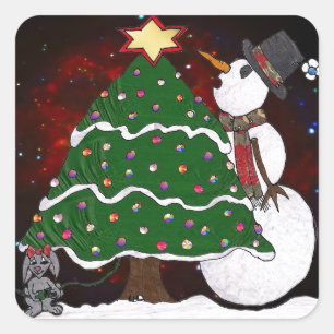 Weihnachtsbaum Snowman Überraschung Kunst drucken Quadratischer Aufkleber